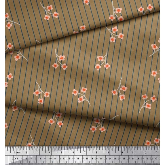 Soimoi Brown polyester Crepe Fabric Artistic Floral & Stripe Decor Fabric Printed Yard 42 Inch Wide