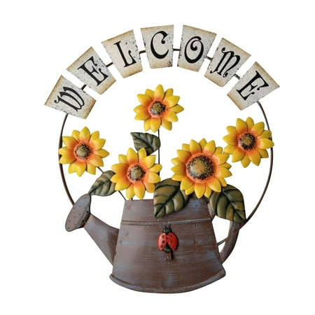 

House Decor Modern Home Decor Creative Wall Decoration Kettle WELCOME Painted Sun Flower Iron Pendant Yellow