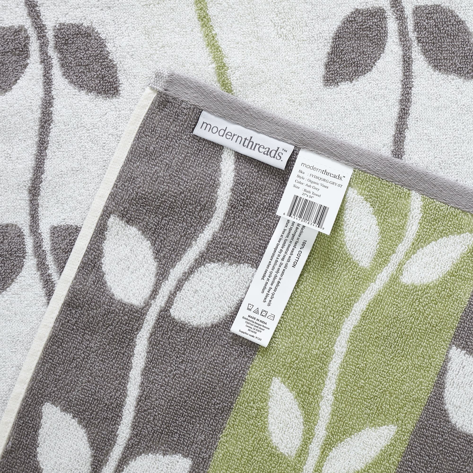 Modern Threads Organic Vines 6-Piece Cotton Adult Bath Towel Set, Gray