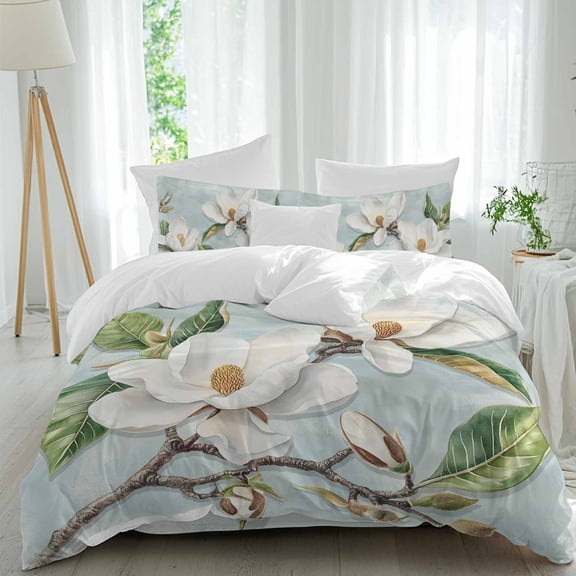 White Floral Queen Size Comforter Set, Magnolia Flower Bud Green Leaf Pastoral Retro Bedding for All Seasons, 4 Pcs Bed Set, 1Quiltcover (90"x92") ,1Sheet(94"x116"), 2Pillowcases (30"x20")