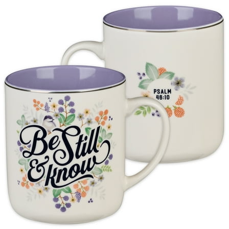 Christian Art Gifts Large Ceramic Coffee & Tea Bible Verse Mug for Women: Be Still & Know - Psalm 46:10 Inspirational Scripture Present w/Silver Rim, Lead-free Drinkware White/Purple Floral, 14 oz.