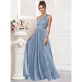 thumbnail image 3 of Vestido de dama de honor Aootumi de gasa azul marino con un solo hombro, talla 14, 3 of 7