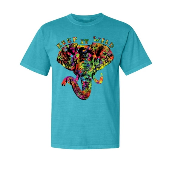 Wild Bobby, Keep It Wild Colorful Elephant Face, Animal Lover, Garment-Dyed Washed Look Short Sleeve T-Shirt, Blue Lagoon, Small