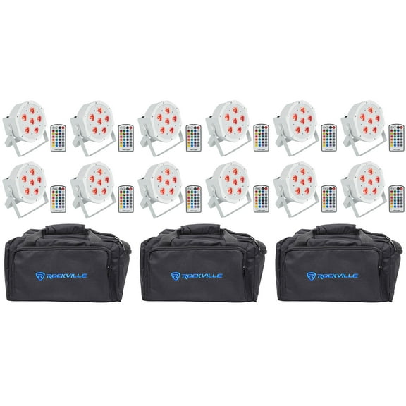 12 Rockville BATTERY PAR 6RF White Rechargeable Wireless DMX Lights Remotes Bags