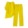 thumbnail image 2 of Bovemsi Women's Solid Color Cotton Linen Shirt & Pants Set – Short Sleeve Drawstring Waist Vacation Suit, Yellow, XL, 2 of 5