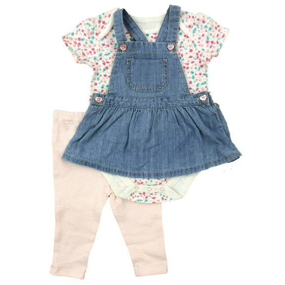 Infant Girls Floral Bodysuit Denim Dress & Striped Leggings 6-9m