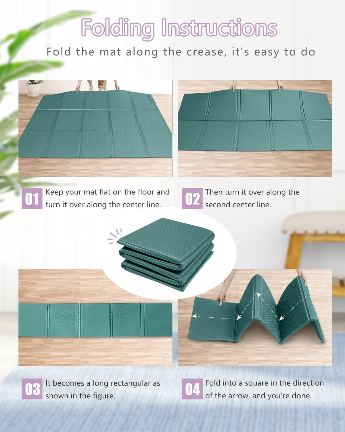 YR Foldable TPE Foam Non-Slip Exercise Yoga Mat, Large Folding Travel Mats, 10mm Thick