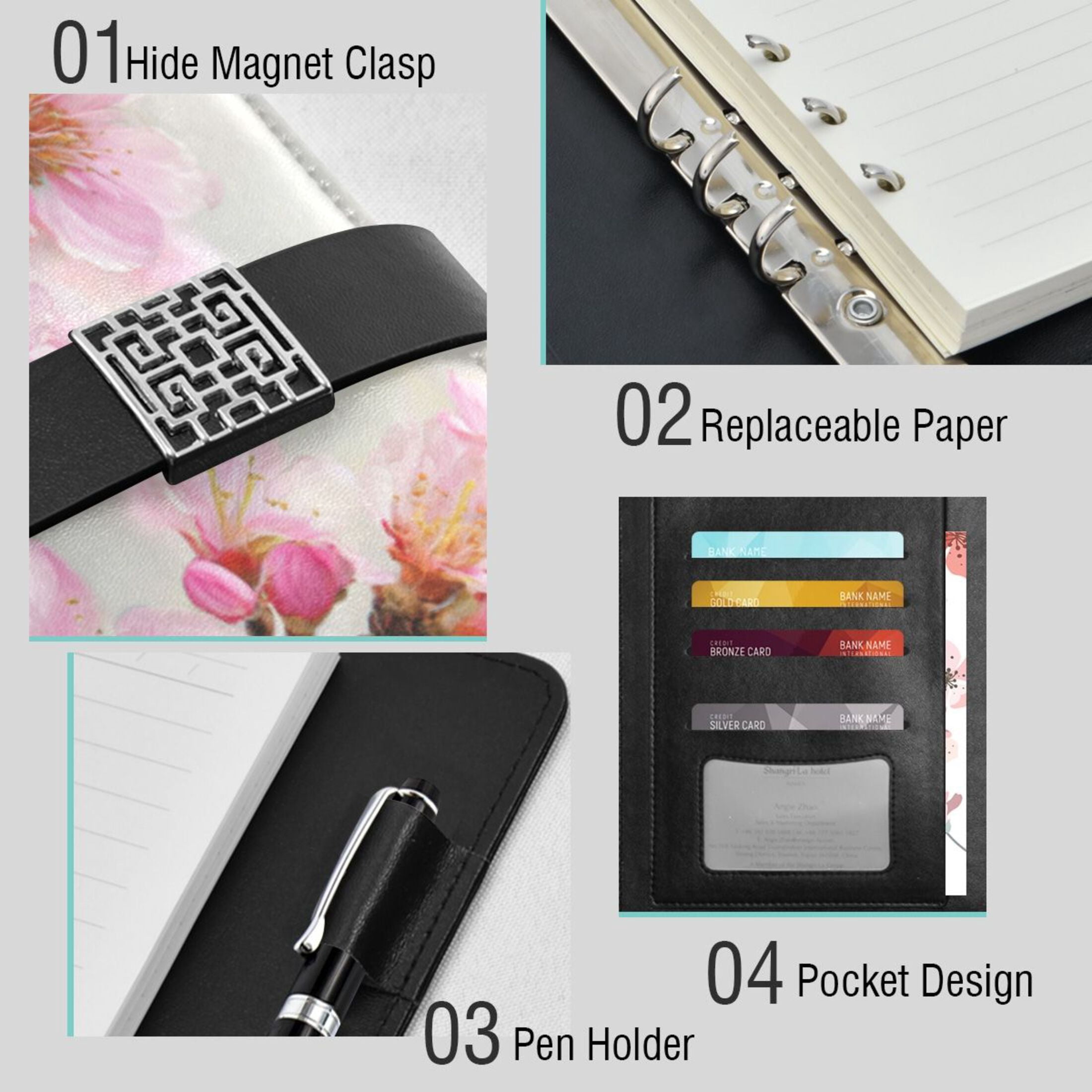 Leather Planner Leather Notebook Notebook Journal Binder Design Pen Pocket Design Convenient for Storage Cherry Blossom Pink Tree