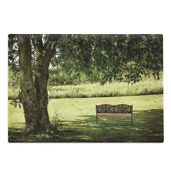Tree Cutting Board, Wooden Bench Under Shady Big Tree in the National Park Fresh Tranquil Scenery, Decorative Tempered Glass Cutting and Serving Board, Large Size, Green Brown, by Ambesonne