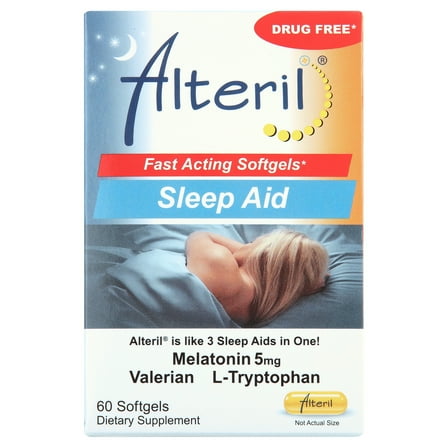 Alteril Sleep Aid Softgels, 60 ct. 3 SLEEP AIDS in ONE, 5mg Melatonin, L-Tryptophan & Valerian