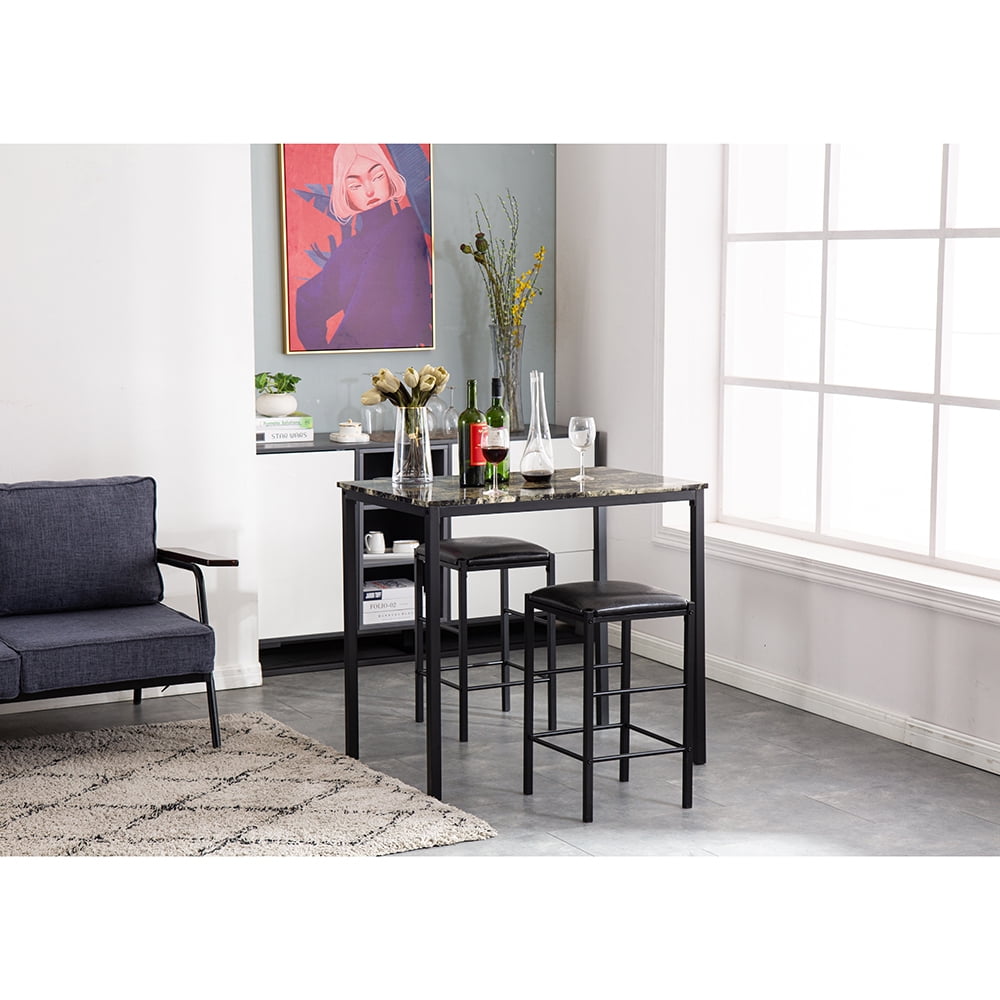 Lowestbest Marble Face High Dining Table and Chair, Cushion Black 3 Piece Set 1 Table 2 Chairs Lowestbest Marble Face High Dining Table and Chair, Cushion Black 3 Piece Set 1 Table 2 Chairs