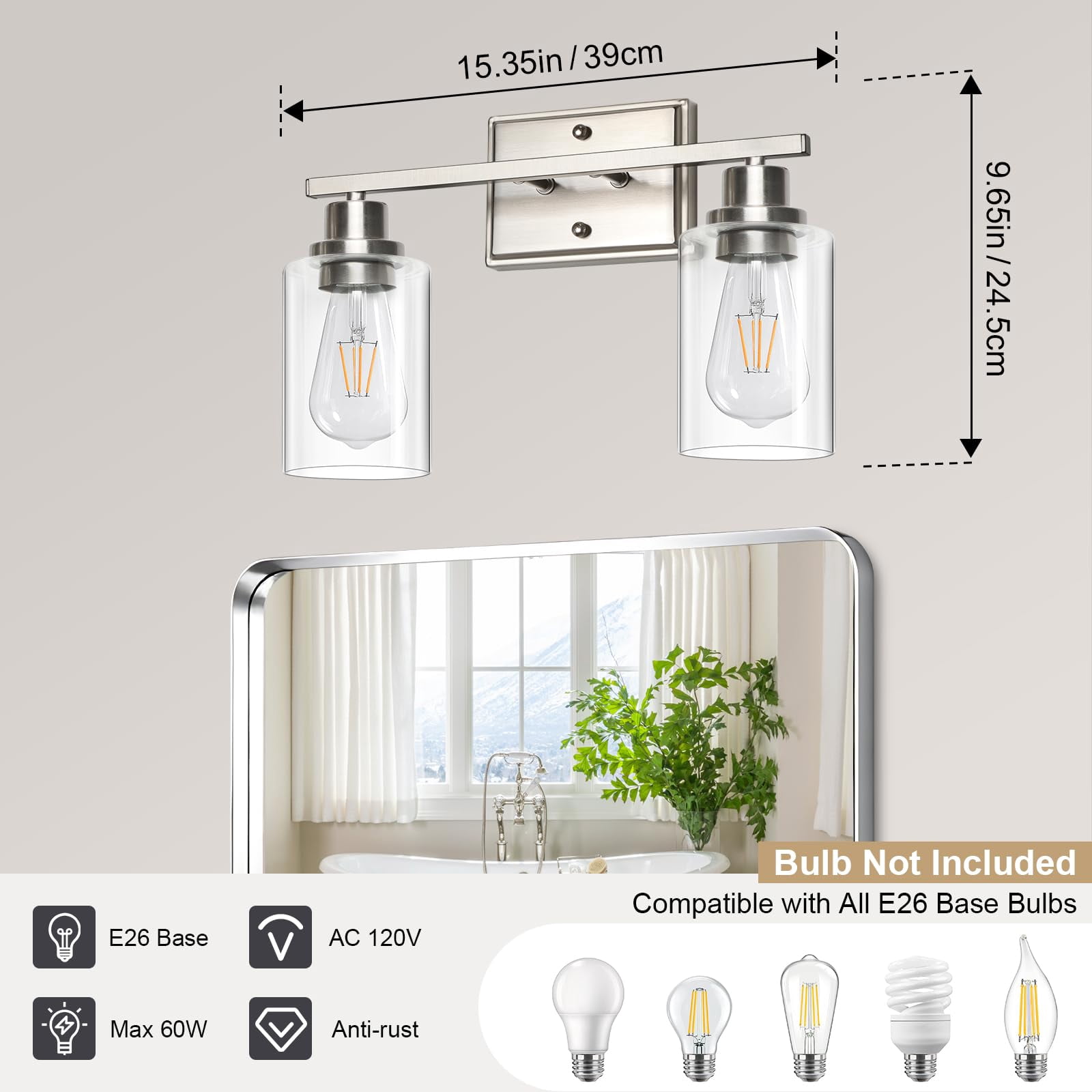 2 Light Bathroom Fixtures  Modern Vanity Lights Over Mirror Brushed Nickel Wall Lamp With Clear Glass For Living Room Cabinet Bedroom Porch