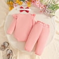 thumbnail image 6 of masbird Newborn Baby Girl Fall Outfits Rib Frill Long Sleeve Ruffled Romper Pants Headband Set 3Pcs Winter Clothes,Pink,9-18 M, 6 of 9