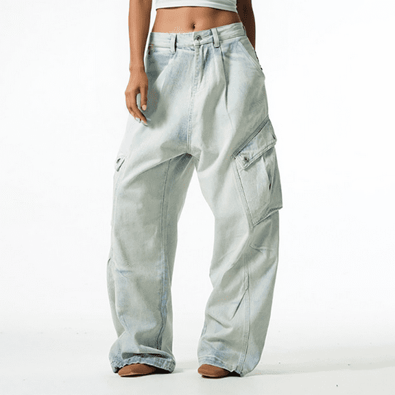 High Waist Stretch Cargo Pants Women Baggy Multiple Pockets Relaxed Fit Straight Wide Leg Y2K Pants Denim Jeans