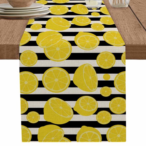 nqOlkjepod Yellow Summer Lemon Table Runner 70 Inches Long Farmhouse Dress Scarves, Black Stripe Farmhouse Vintage Botanical Dining Tablerunner for Coffee Table/Kitchen Island/Party Décor, 13" x 70"