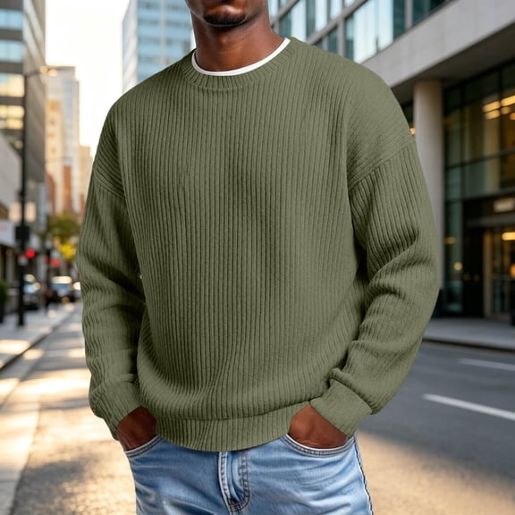 Mens Sweaters Crew Neck Long Sleeve Solid Color Fashion Loose Thicken Fall Pullover Sweater Green M