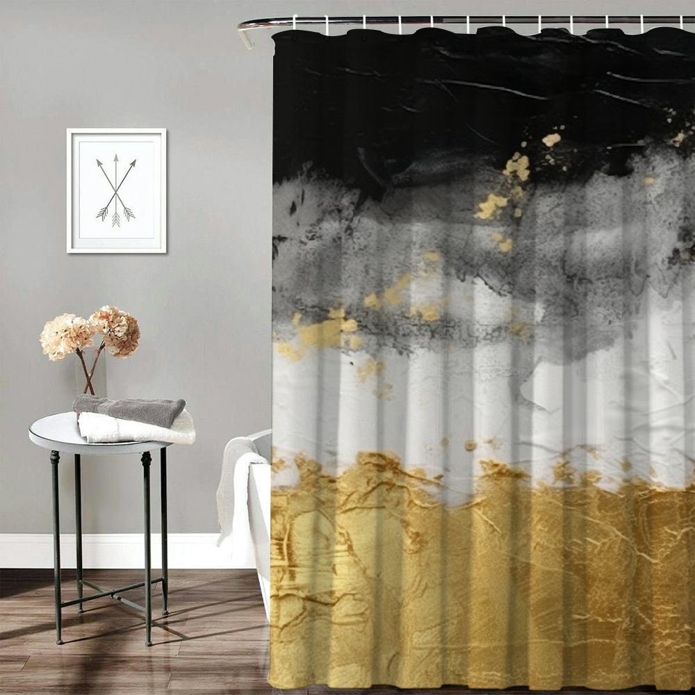 Fenyluxe Gold and Black Paint Stripes Printed Shower Curtain Set with Hooks, Easy Care 100% Polyester Fiber Bathroom Shower Curtain for Bathroom Decor, Various Sizes Available 60x72
