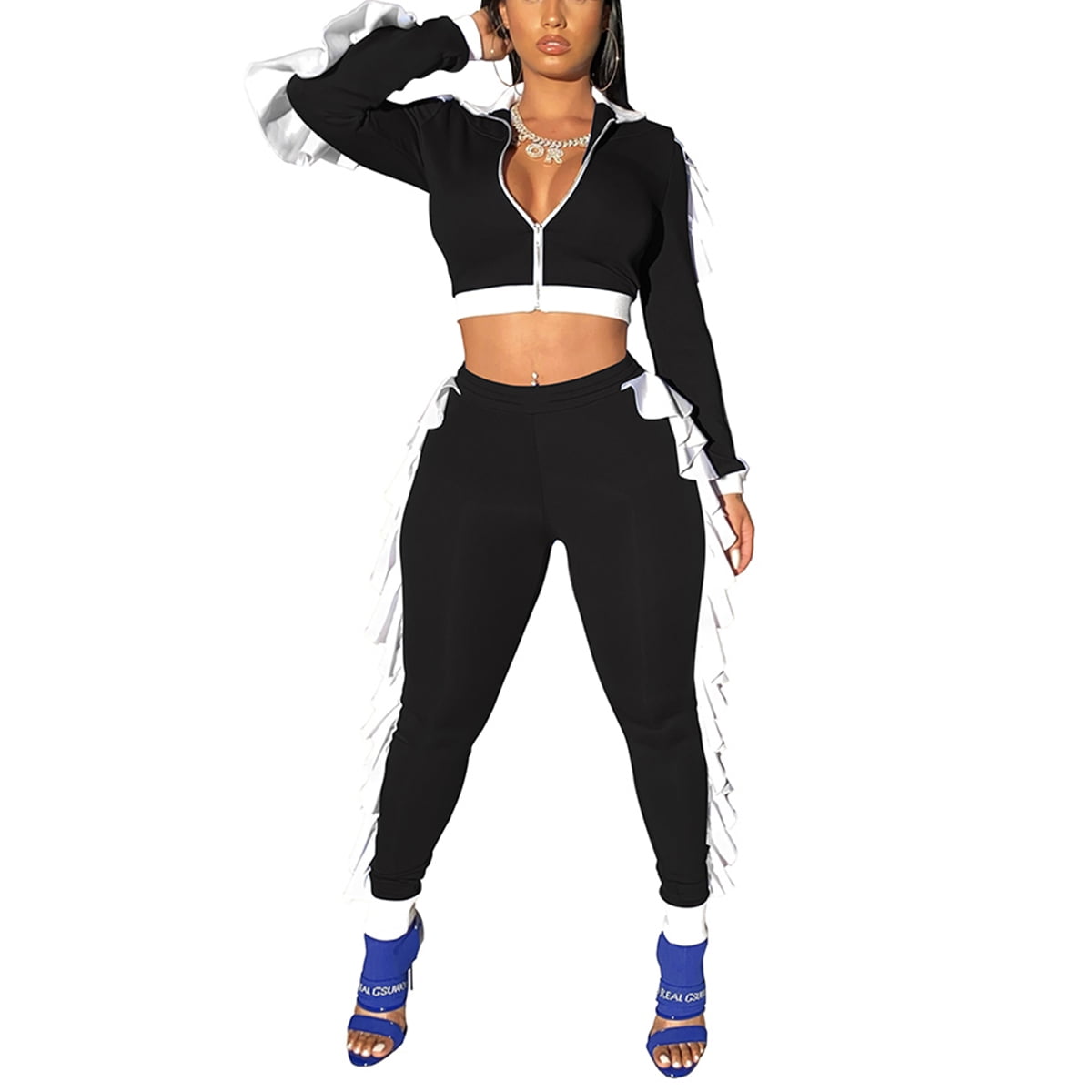 Women solid color clothing set zipper 
