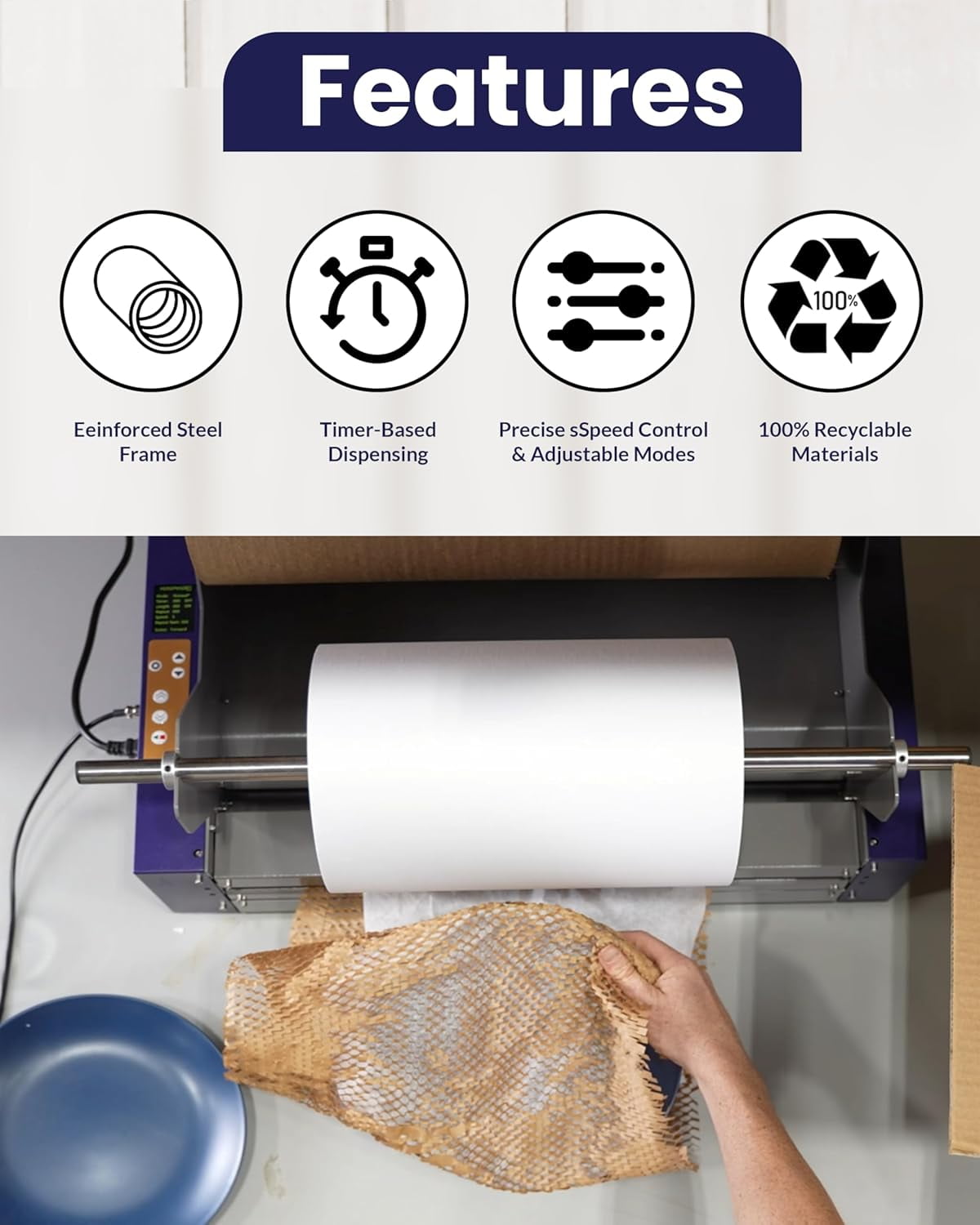 Hexspenser E Electric Honeycomb Paper Dispenser – 3 Modes, 54ft/min High-Speed Expanding & Cutting – Adjustable Speed, Timer & Pedal Control – Eco-Friendly Kraft Paper Packing Machine