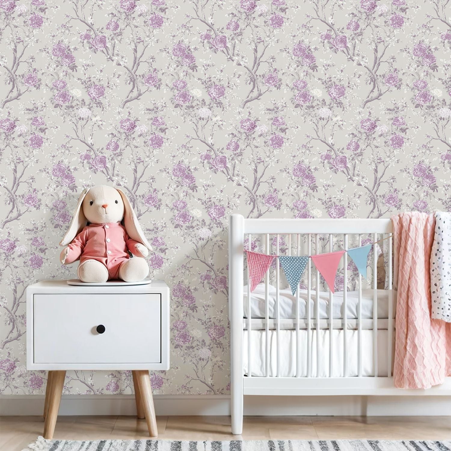 Peel and Stick Wallpaper Vintage Floral Lavender White Peonies Light Gray Wall Mural 23.6in x 9.8ft Self Adhesive Removable Wall Paper Renter Friendly Wallpaper for Girls Women Bedroom Livingroom