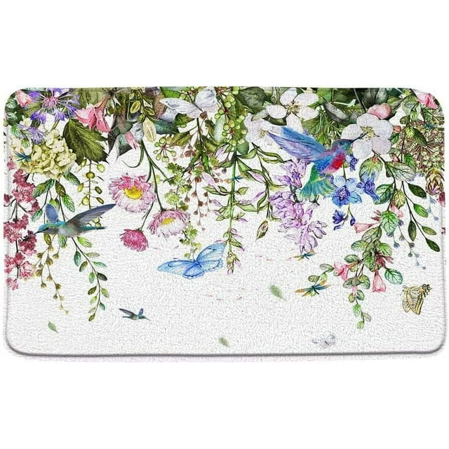Wildflower Bath Mat Watercolor Floral Flower Botanical Herb Vine Spring Garden Field Hummingbird Butterfly Natural Bathroom Rug Absorbent Doormat Kitchen Toilet Floor,Pink Purple Green 24"x16"