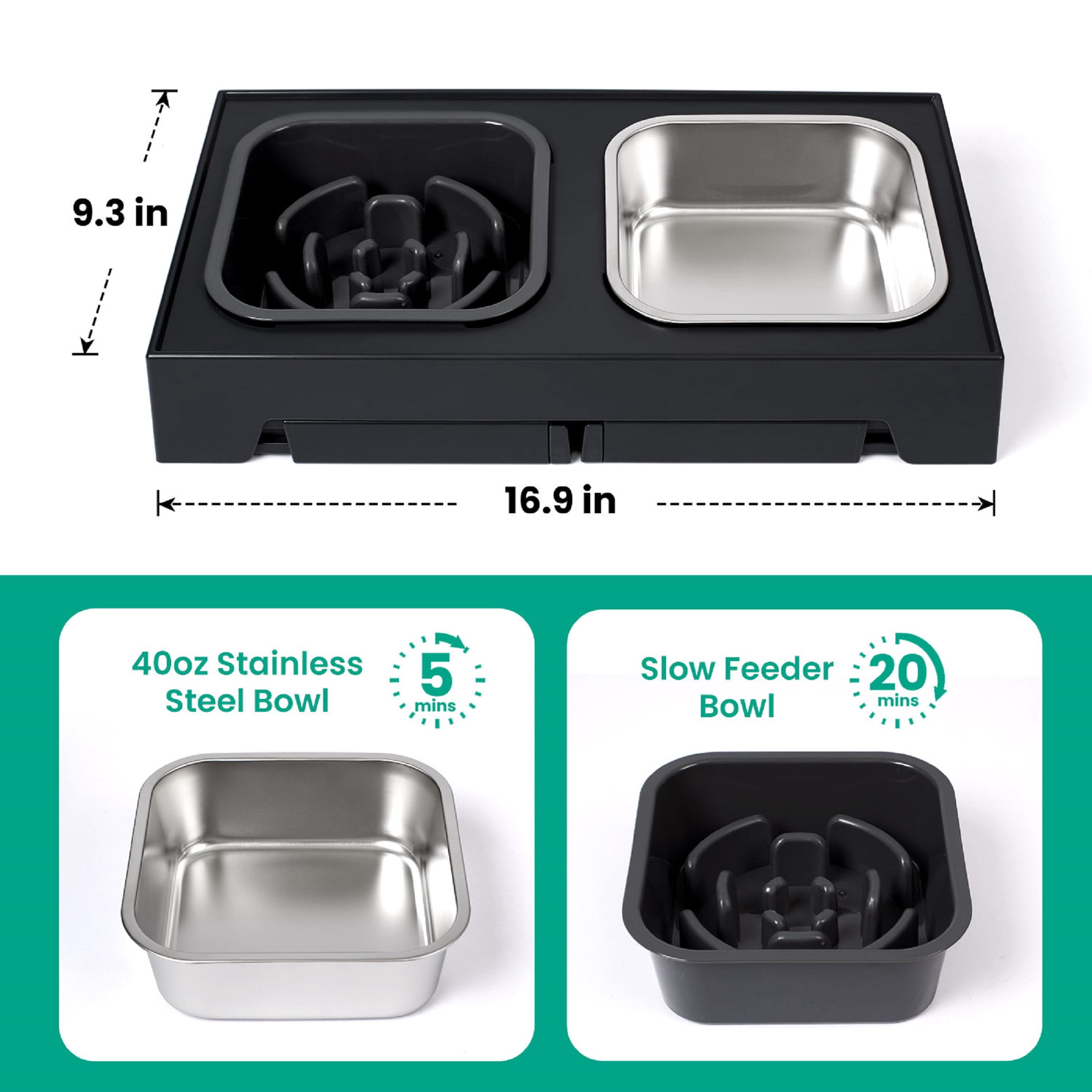 Elevated Dog Bowls, 2 Stainless Steel Dog Food Bowls, Raised Dog Bowl Adjusts to 5 Heights for Small Medium and Large Dogs,Black