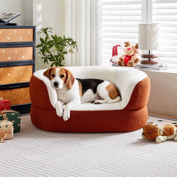 Faux Shearling Indoor Dog Bed Couch for Large and Medium Dogs under 70 lbs, Orthopedic Donut Round Elevated Furniture Pet Bed Sofa with High Backrest, No Assembly Required