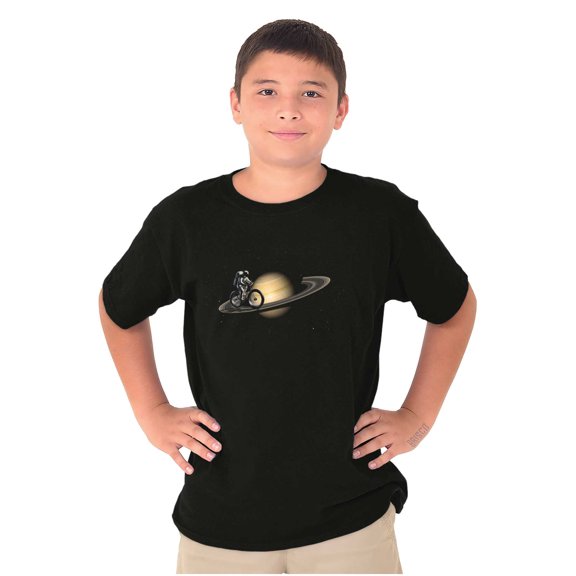 Funny Astronaut Saturn Bike Ride Crewneck T Shirts Boy Girl Teen Brisco Brands S