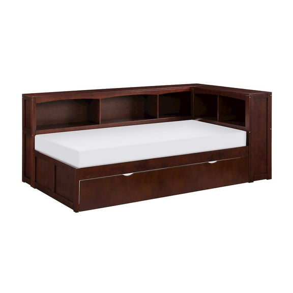 Lexicon Rowe 5-Shelf Wood Twin Bookcase Corner Bed with Trundle in Dark Cherry