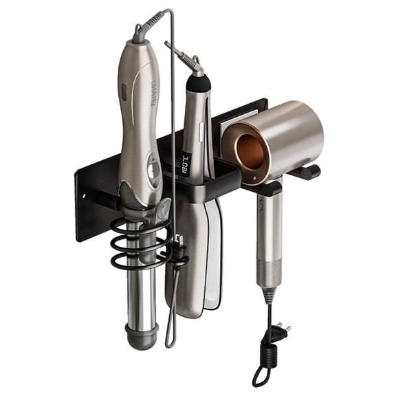 VEGCOO Hair Dryer Holder Wall Mounted,3 in 1 Space Aluminum Bathroom Hair Tool Organizer for Blow Dryer,Curling Iron and Straightener,Universal Heat-Resistant Hair Dryer Rack with Cord Wraps,Black