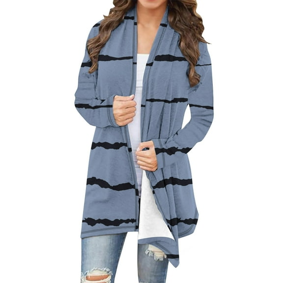 Uaswgudfs Fleece-Lined Cardigan Coat: Windproof Autumn Longline with Stripes & Versatile Daily Wear Design