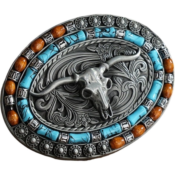 vlrwzc Western Belt Buckle Cow Head Belt Buckle Indian Element Vintage Turquoise Belt Buckle Rodeo Silver Large Belt Buckle for Men Wome