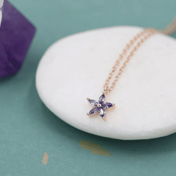 Tiny Amethyst Purple Flower Necklace in 14k Rose Gold Finish - February Birthstone Necklace For Wife