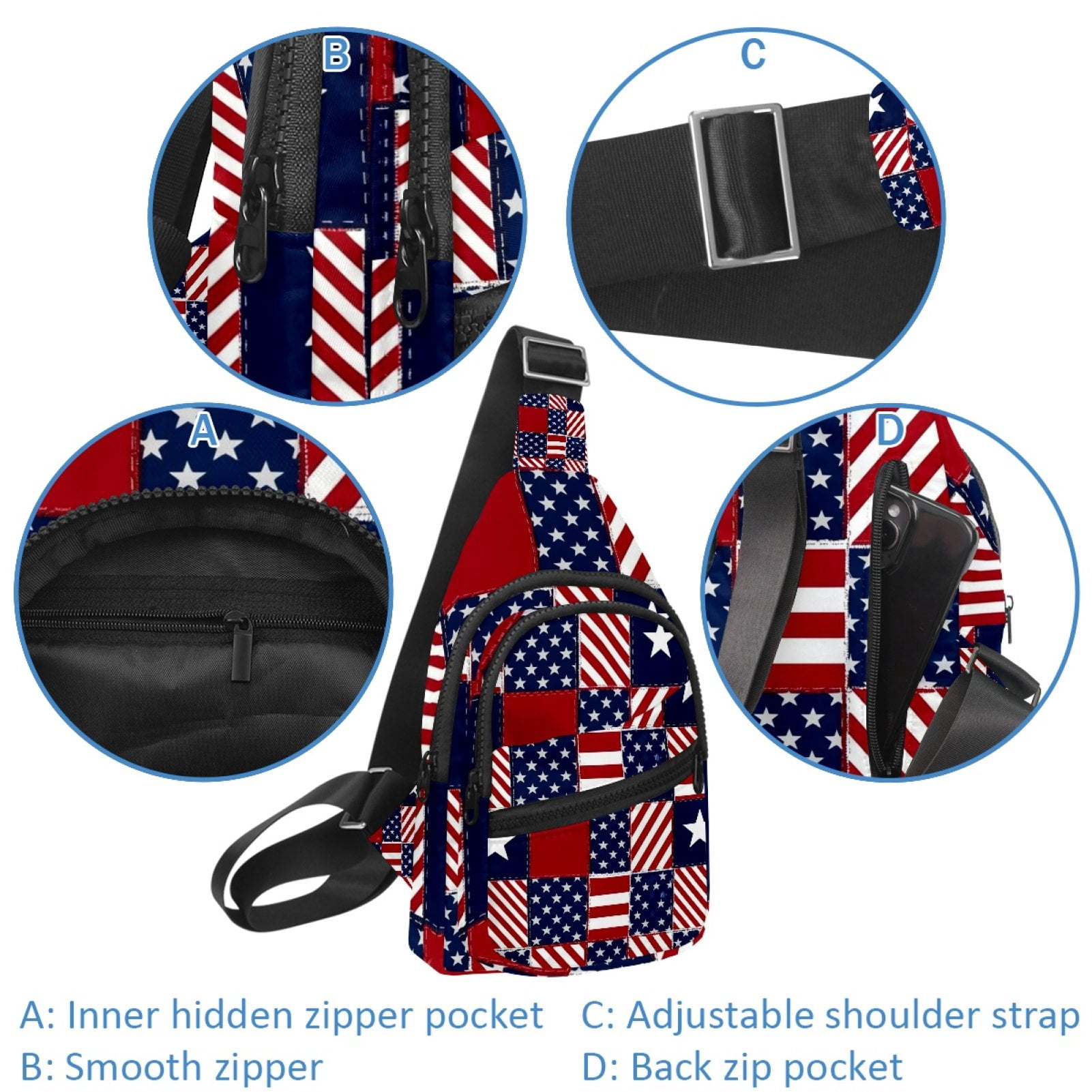 ERJLKXP Independence Day Usa Flag Small Mens Women Crossbody Chest Bag, Travel Over Shoulder Sling Bag Backpack Men Side Bag,Daypack