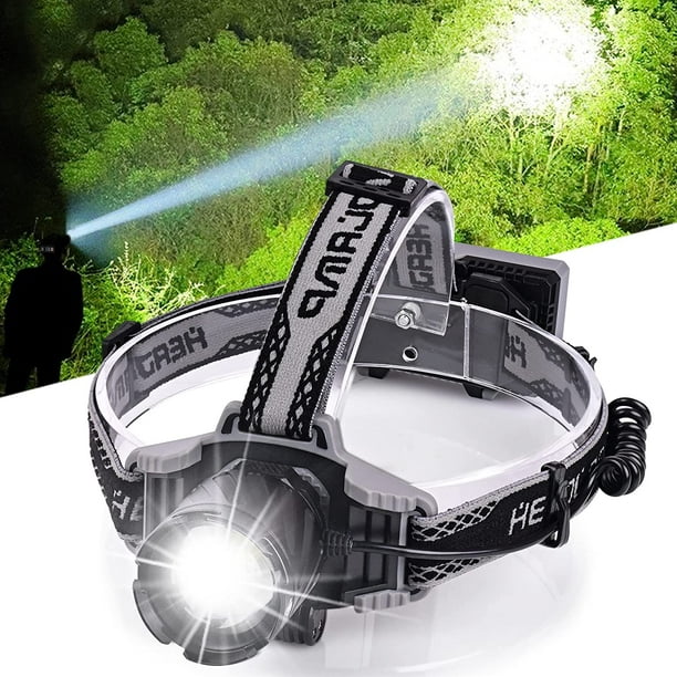 Linterna frontal LED recargable, 100.000 lúmenes superbrillante con 4 modos, con zoom, pantalla de alimentación digital, linterna frontal impermeable IPX6 con luz roja para senderismo, camping, caza,