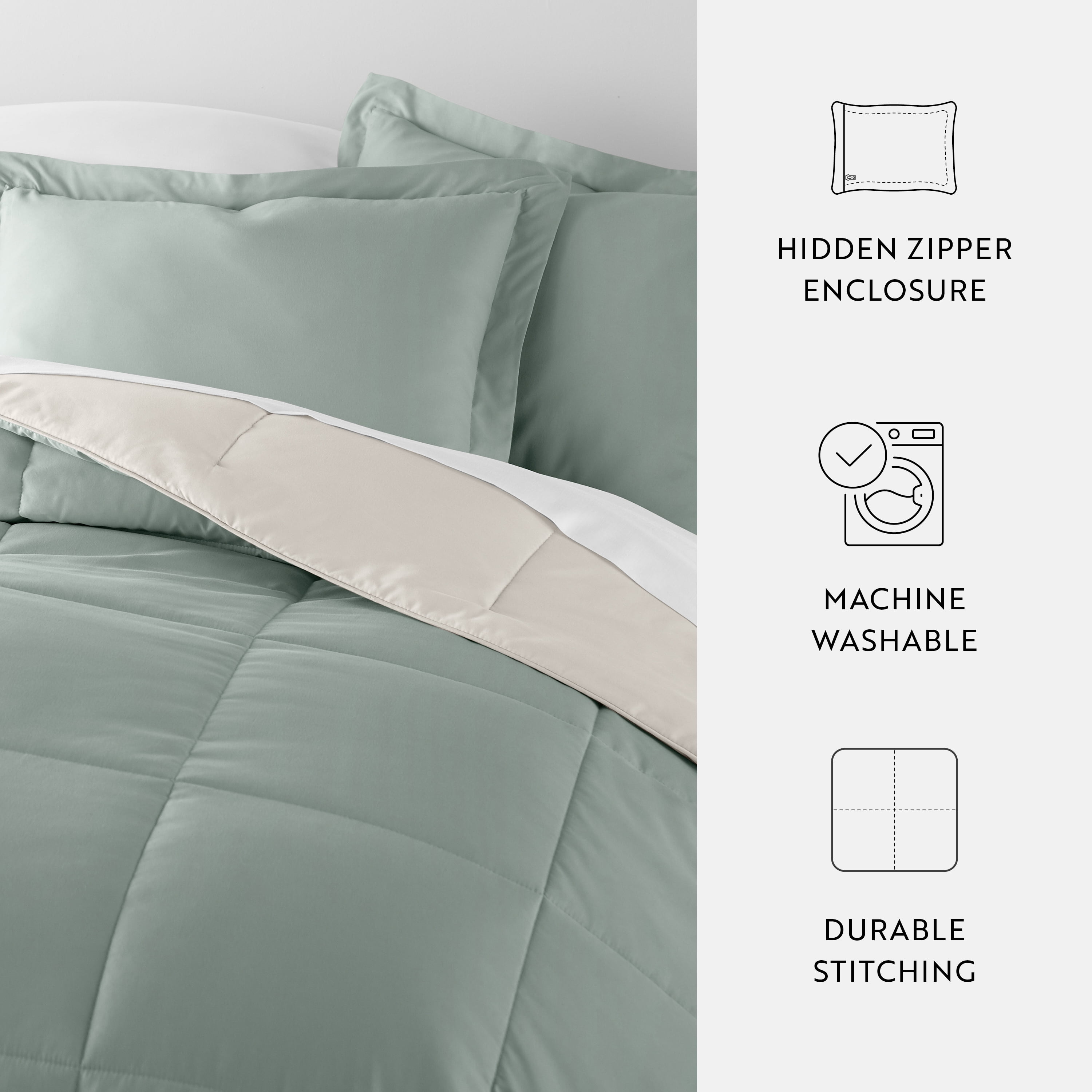 Noble Linens Soft 3-Piece Eucalyptus & Natural Reversible All Season Lightweight Down Alternative Comforter Set, Full/Queen
