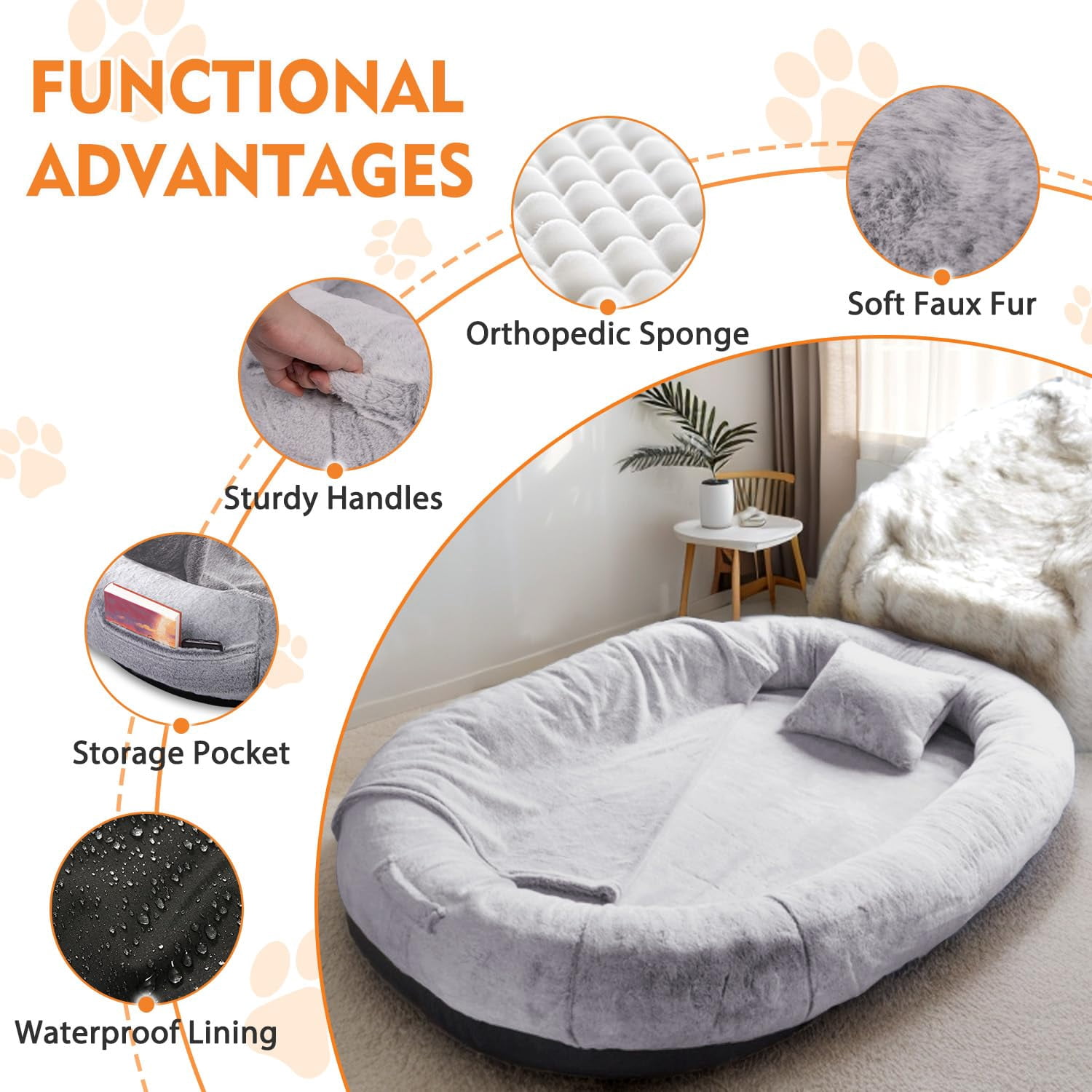 Human Size Dog Bed for Adults and Pets, 71x45x14 Inch Oversized Orthopedic Bean Bag, Plush Faux Fur Washable Cover with Pillow and Blanket, Gray