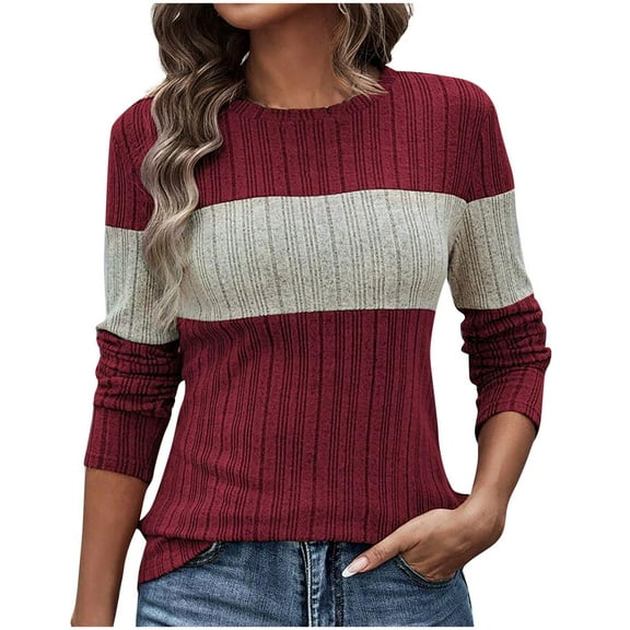 Fouhkni Womens Ribbed Tops Fall Casual Crew Neck Long Sleeve Slim Fitted Color Block Trendy Shirts