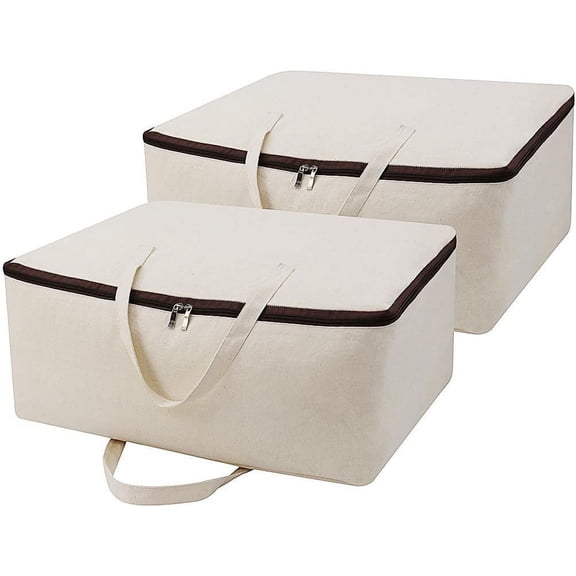 Breathable Canvas Cotton Soft Storage Bags with 3-side Zip Handles, Bedding, Sweaters, Clothes Organizer in Wardrobe, Beige, 2pcs