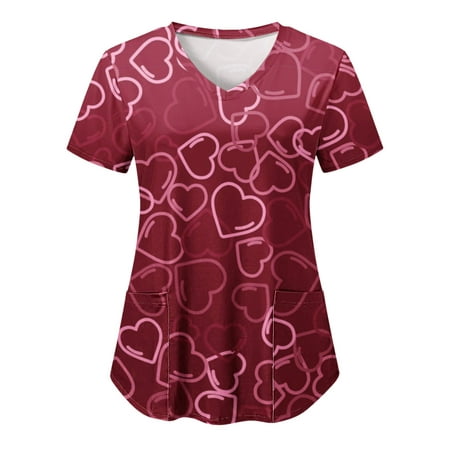 

Heart Printed Working Uniform Women Print Short Sleeve V Neck shirts Blouse Tops Pockets Top Scrubs Uniform Nurses