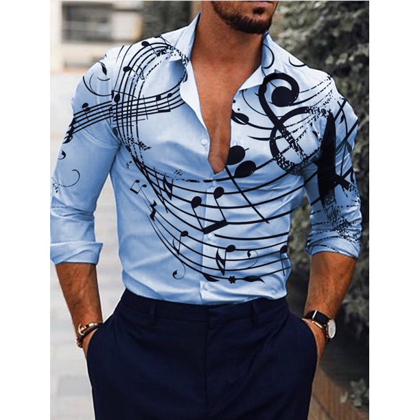Camisa de hombre Camisa gráfica Texto Notas musicales Camisa de manga larga Estampada Botones Ropa de diseñador de moda Casual Transpirable