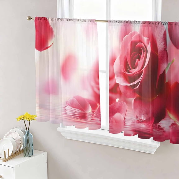 Sheer Curtains 54 Inch Length 2 Panels Set for Kitchen, Red Rose Fantasy Semi Sheer Curtains for Windows, Elegance Floral Romantic Reflection Voile Window Treatments Rod Pocket Curtain