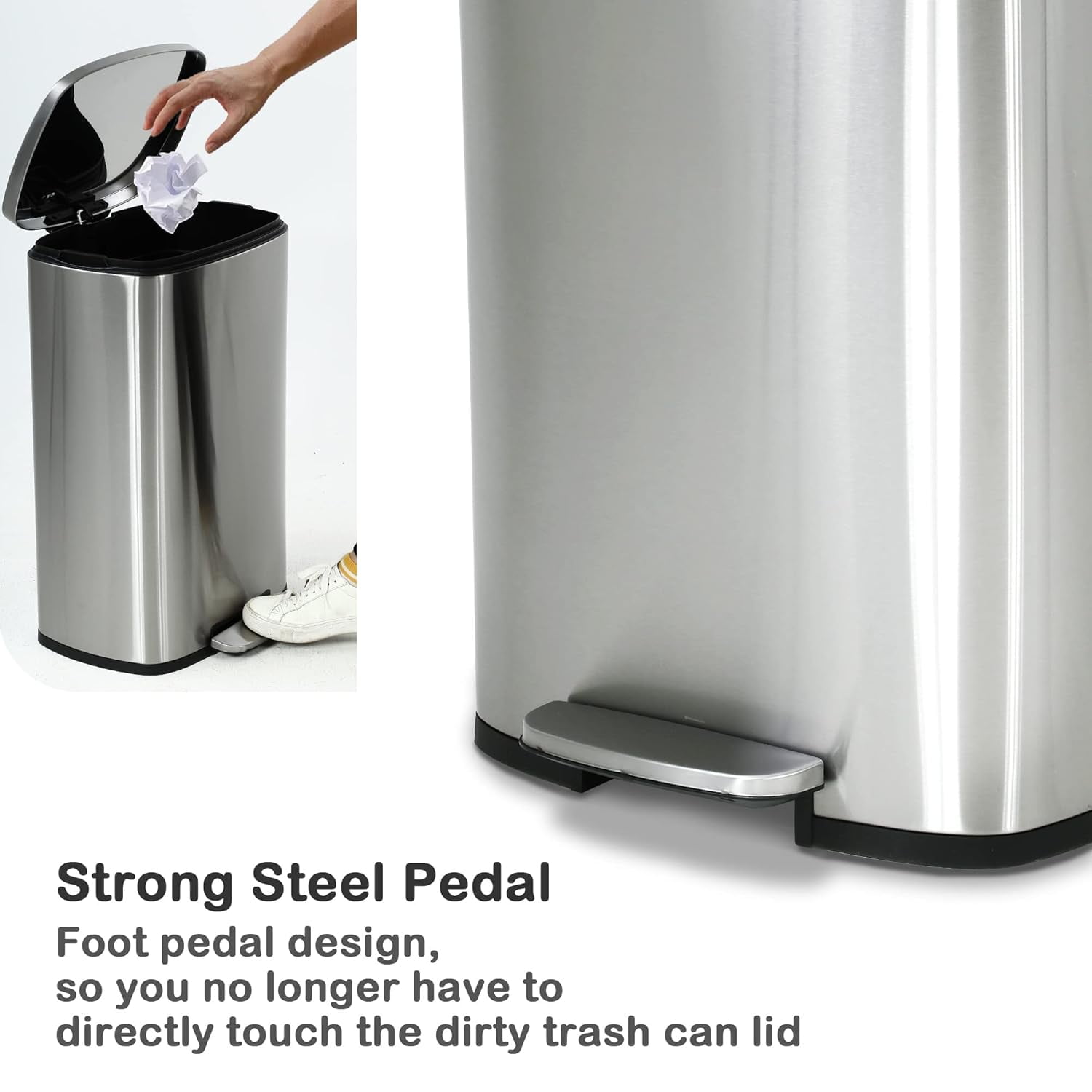 13 Gallon/50 L Garbage Can Kitchen Trash Can with Lid Stainless Steel Trash Bin for Office Bedroom Bathroom, Sliver