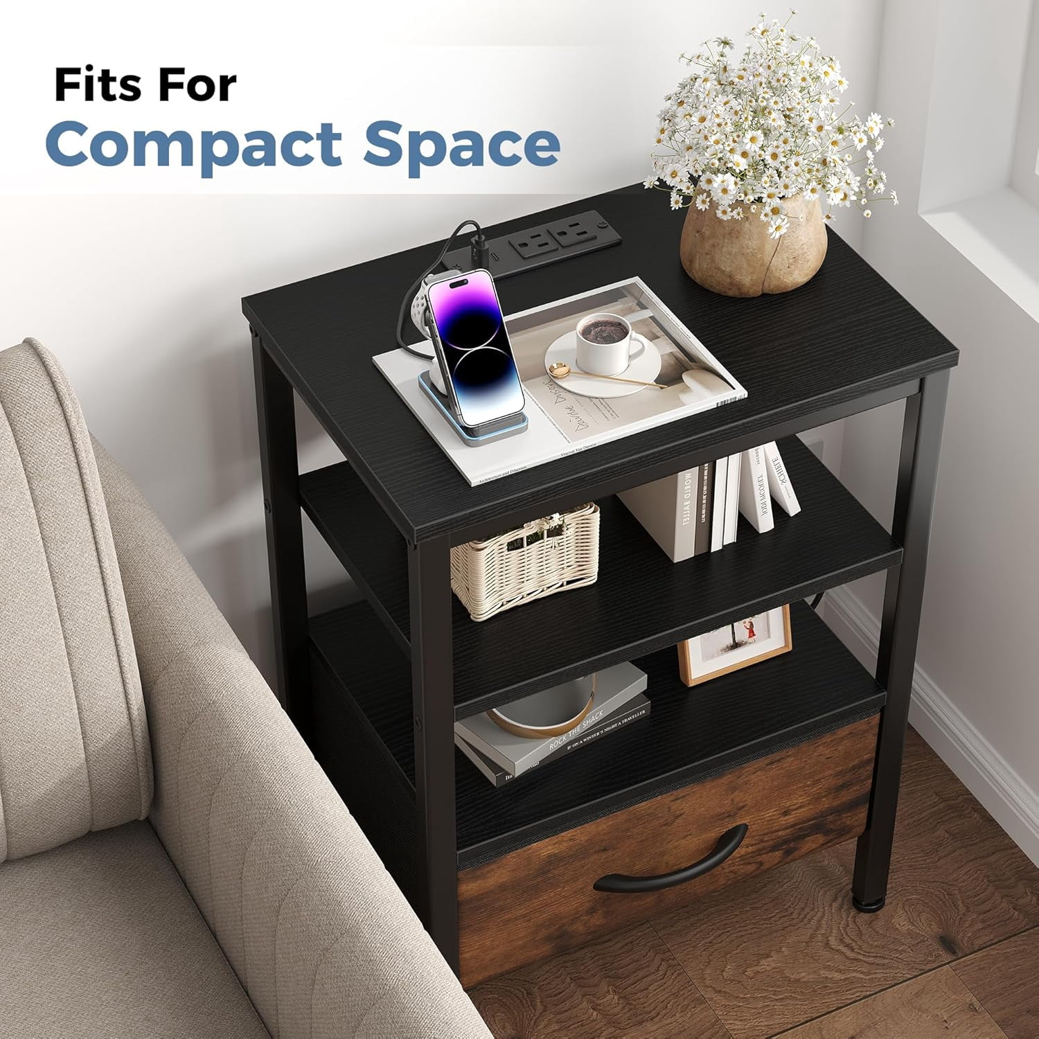 JIOABL 1 Drawer Nightstand with USB & Type-C Charging, Fabric Drawers, Metal Frame, Black and Rustic Brown