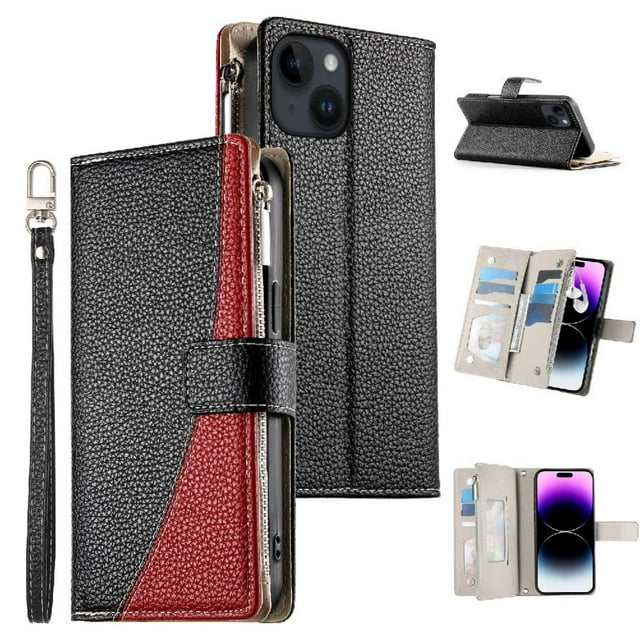 Funda cartera GANGXUN para iPhone 13 , cuero PU con tarjetero, cremallera, correa de mano, soporte y protección 793°