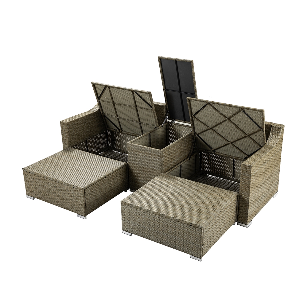5 Piece Patio Conversation Set Outdoor Storage Furniture Set, Wicker Lounge Chair with Ottoman Footrest, w/Storage Coffee Table & Cushions (Beige) for Garden, Patio, Balcony, Deck - image 2 of 10