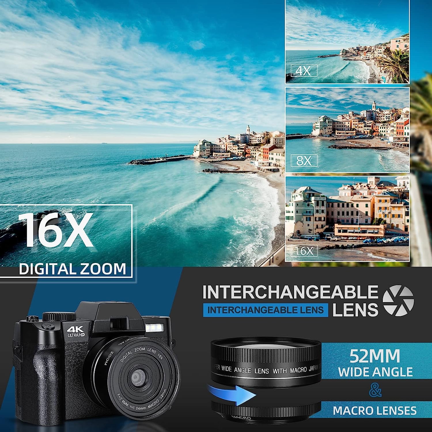 Appareil photo numérique NBD Caméra de connexion tout-en-un ultra HD 48MP  48MP avec objectif grand angle, zoom numérique 16x et écran 3