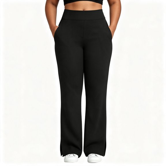 FAZVAOO Womens Pants,Plus Size High Waist Split Hem Stretch Yoga Pants with Pockets Black L