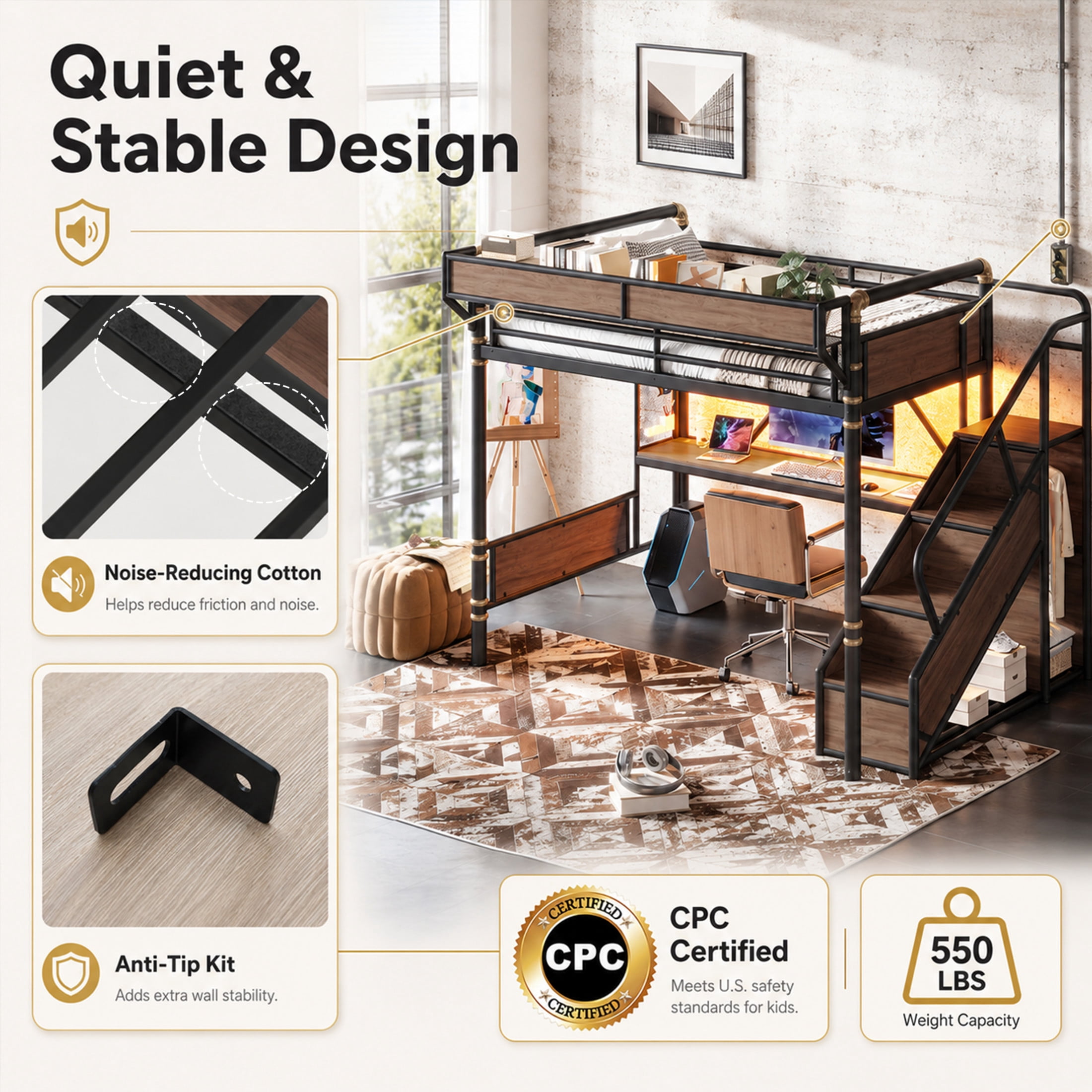 GDF Studio Queen Size Metal Loft Bed with Desk, Power Outlet, LED Light, Storage & Wardrobe, Black
