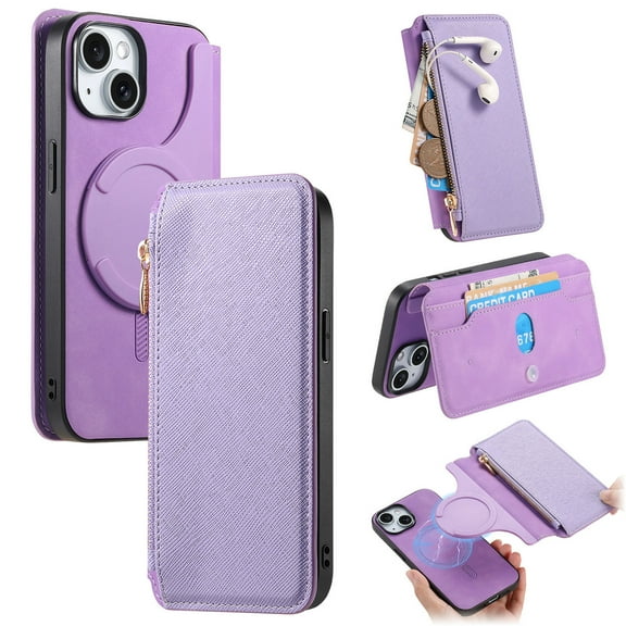 For iPhone 16 Pro Max Wallet Case with RFID Blocking Card Holder Magnetic Closure  [Compatible with MagSafe] Detachable Zipper Pocket PU Leather Flip Kickstand Shockproof Case,Purple